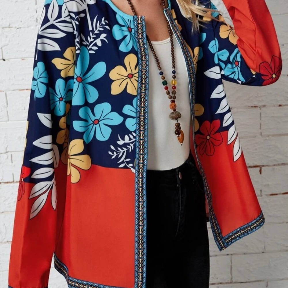 NEW INVENTORY 🔥Floral Print Colorblock Contrast Embroidered Trim Coat🔥 - Picture 2 of 6
